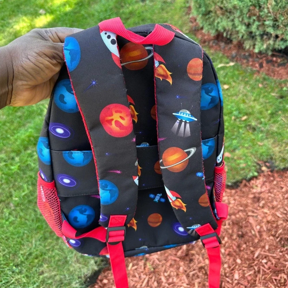 Solar System Space Rockets Planets Little Kids School Bag Backpack Black Red